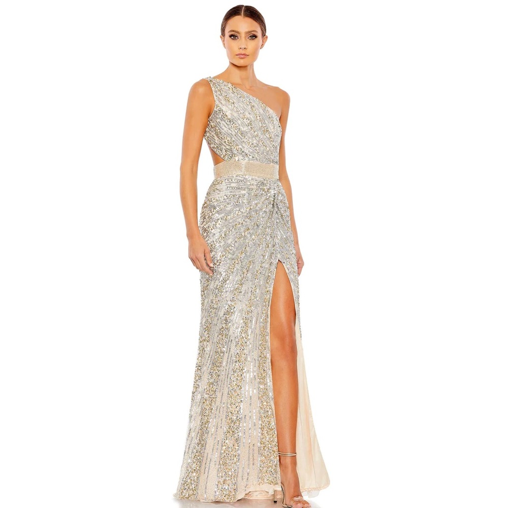 NWT MAC DUGGAL ONE SHOULDER DRAPED LACE UP GOWN